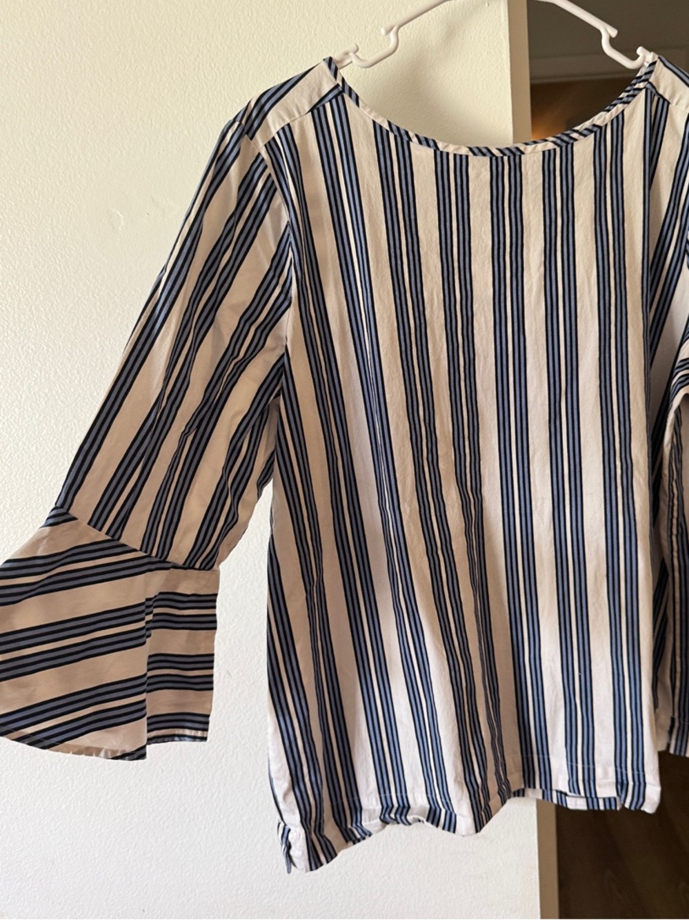 Ann Taylor White Blouse with Navy Vertical Stripes and Bell Sleeves